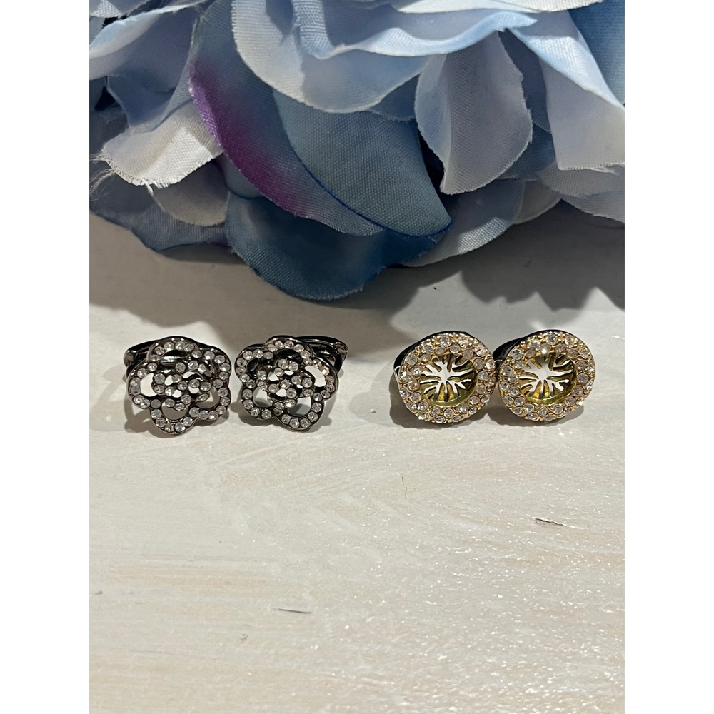 Rhinestone‎ pierced Earrings Lot Flower & Round Gold Tone Fashion Jewelry